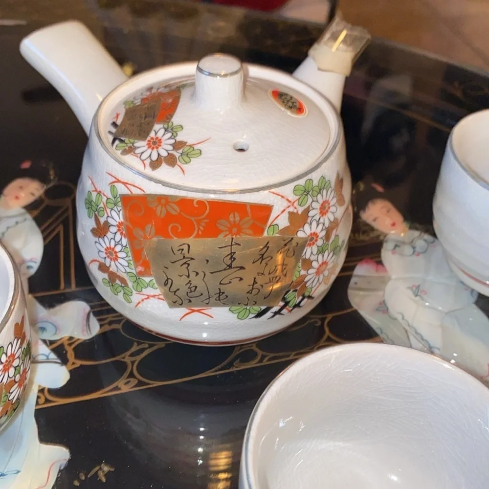 Japanese Porcelain Tea Set 6pc Teacups Teapot Vtg Kyusu Yunomi Tokoname Ware